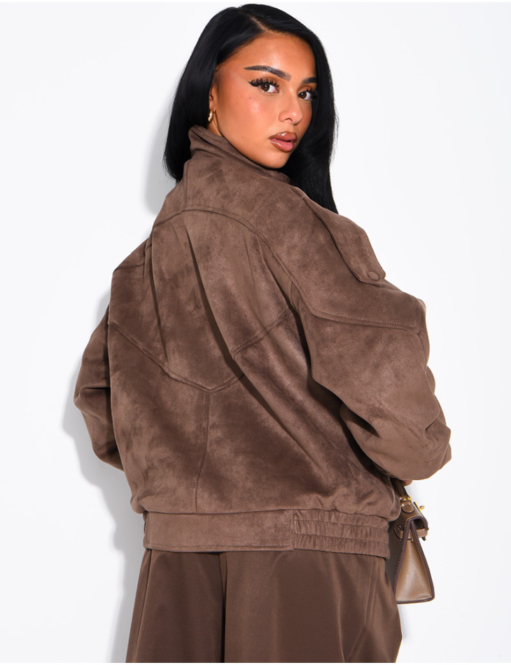 Oversized jacket with a stand-up collar in suede-effect fabric
