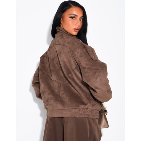 Oversized jacket with a stand-up collar in suede-effect fabric