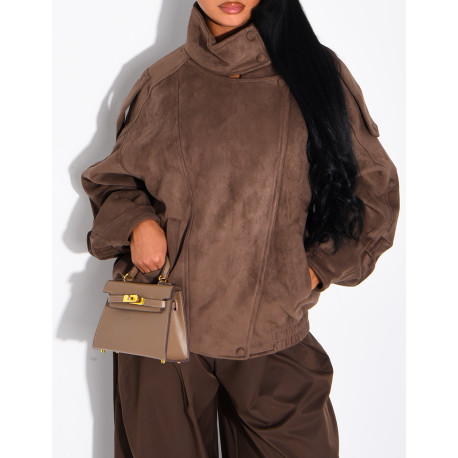 Oversized jacket with a stand-up collar in suede-effect fabric