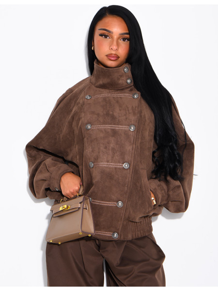 Jacke in Wildlederoptik mit asiatischer Knopfleiste