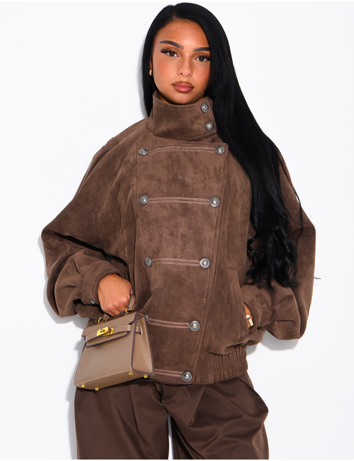 Jacke in Wildlederoptik mit asiatischer Knopfleiste