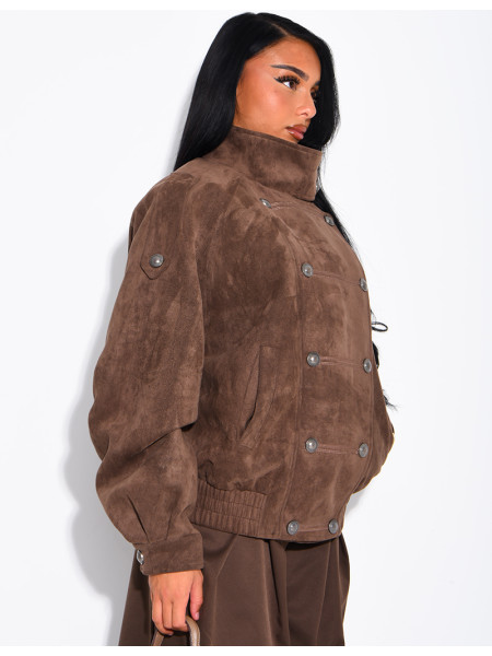 Jacke in Wildlederoptik mit asiatischer Knopfleiste