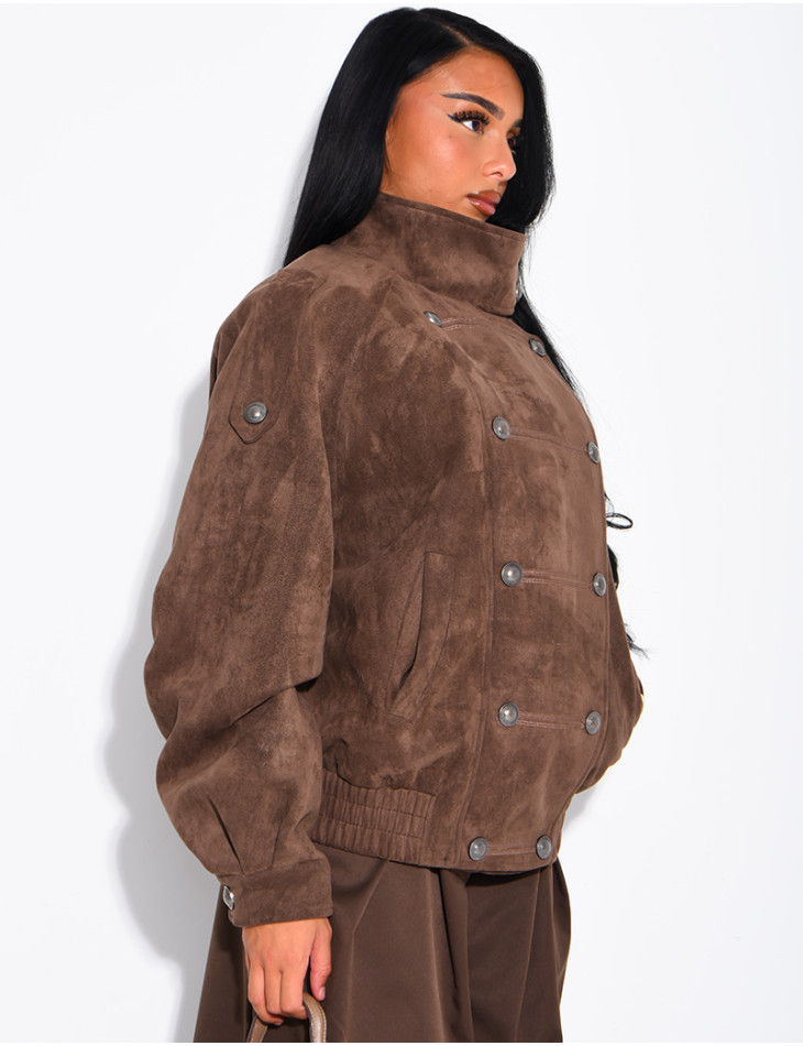 Jacke in Wildlederoptik mit asiatischer Knopfleiste