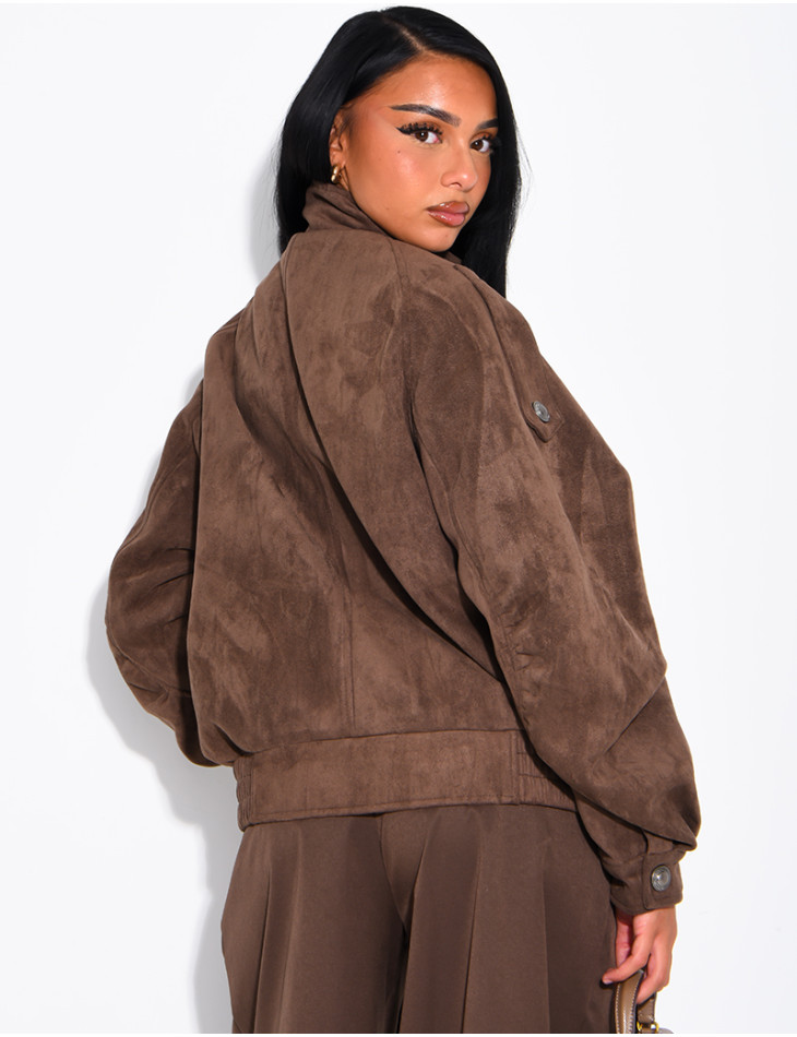 Jacke in Wildlederoptik mit asiatischer Knopfleiste