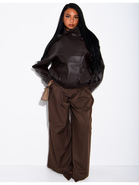 Oversized jacket in grained faux leather with a stand-up collar