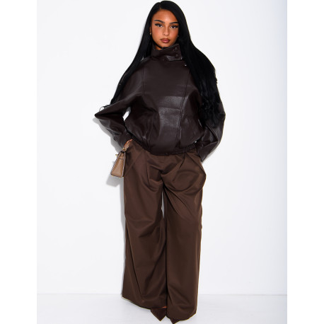 Oversized jacket in grained faux leather with a stand-up collar