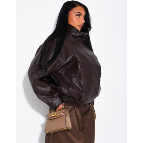 Oversized jacket in grained faux leather with a stand-up collar