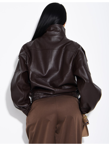 Oversized jacket in grained faux leather with a stand-up collar