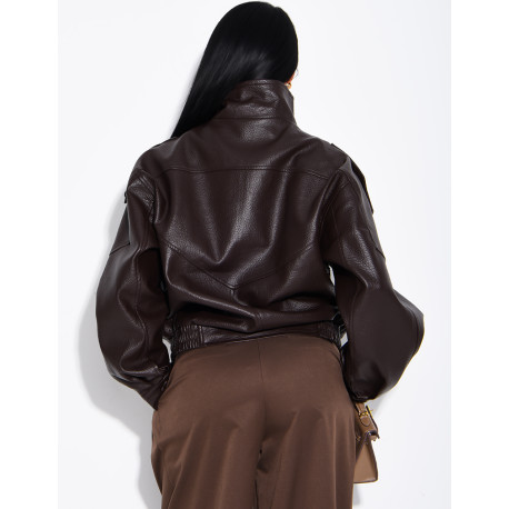 Oversized jacket in grained faux leather with a stand-up collar