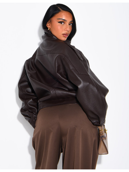 Oversized jacket in grained faux leather with a stand-up collar