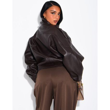Oversized jacket in grained faux leather with a stand-up collar