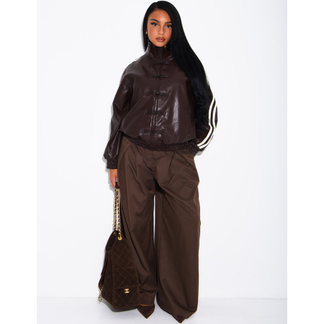 Kunstlederjacke mit geknoteten Knöpfen im asiatischen Stil und Bändern