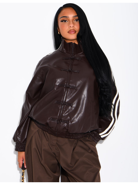 Kunstlederjacke mit geknoteten Knöpfen im asiatischen Stil und Bändern
