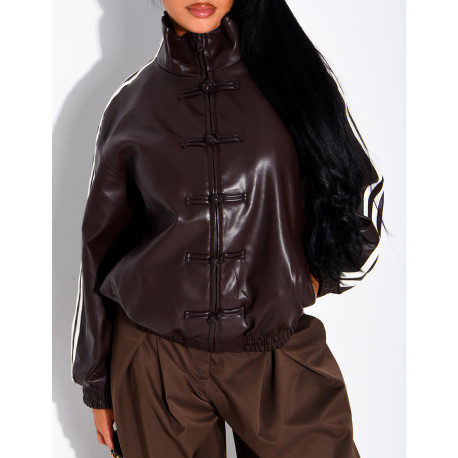 Kunstlederjacke mit geknoteten Knöpfen im asiatischen Stil und Bändern