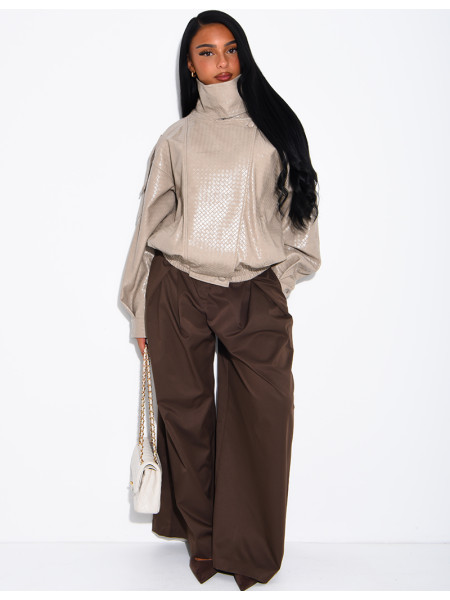 Oversized faux leather jacket with a braided look and a stand-up collar