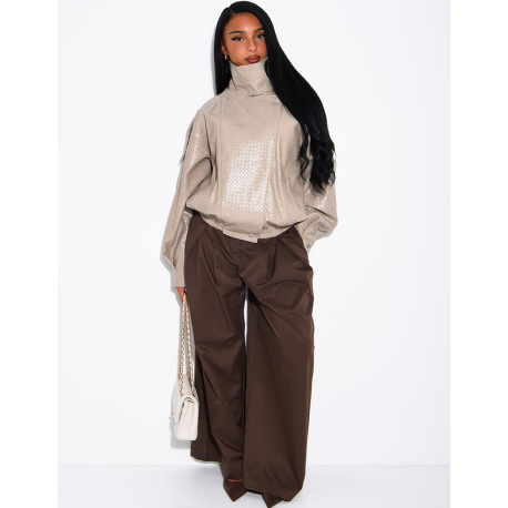 Oversized faux leather jacket with a braided look and a stand-up collar