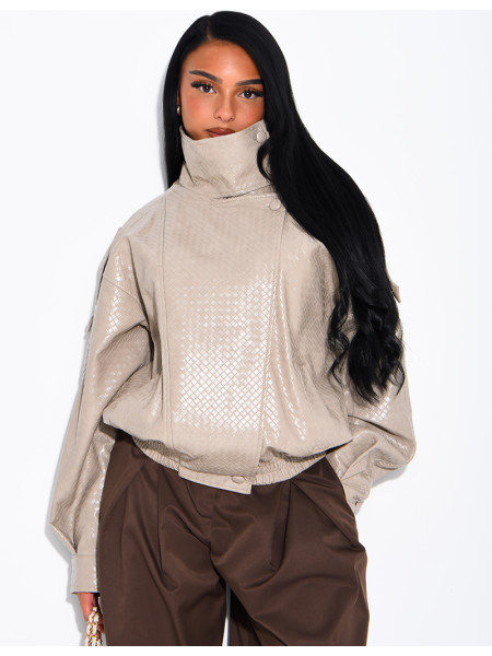 Oversized faux leather jacket with a braided look and a stand-up collar