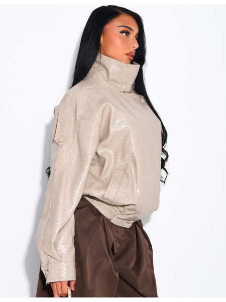 Oversized faux leather jacket with a braided look and a stand-up collar