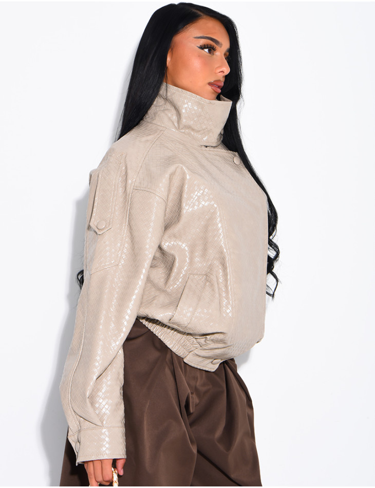 Oversized faux leather jacket with a braided look and a stand-up collar