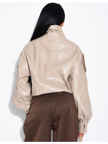 Oversized faux leather jacket with a braided look and a stand-up collar