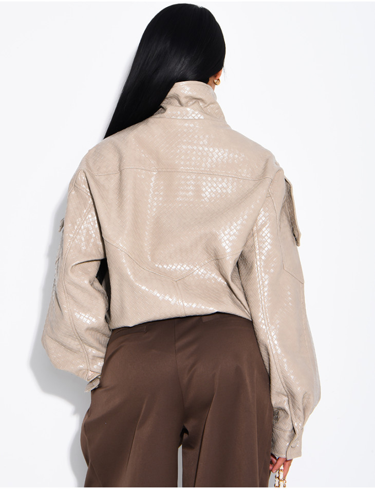 Oversized faux leather jacket with a braided look and a stand-up collar