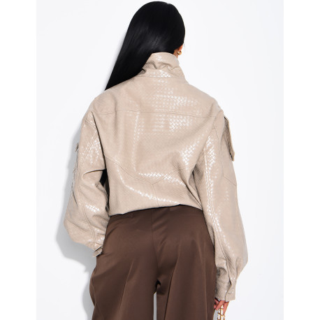 Oversized faux leather jacket with a braided look and a stand-up collar