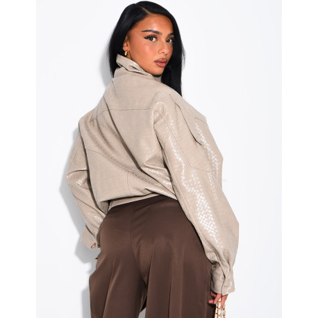 Oversized faux leather jacket with a braided look and a stand-up collar
