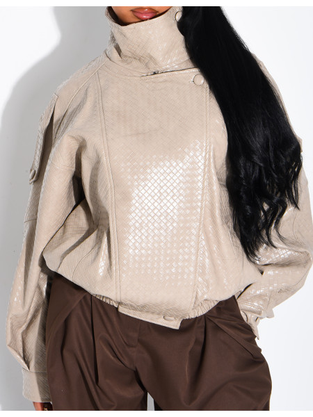 Oversized faux leather jacket with a braided look and a stand-up collar