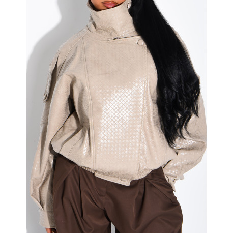 Oversized faux leather jacket with a braided look and a stand-up collar