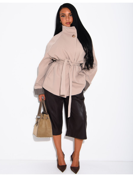 Mid-length belted trench coat with a stand-up collar, checked lapels and checked sleeves