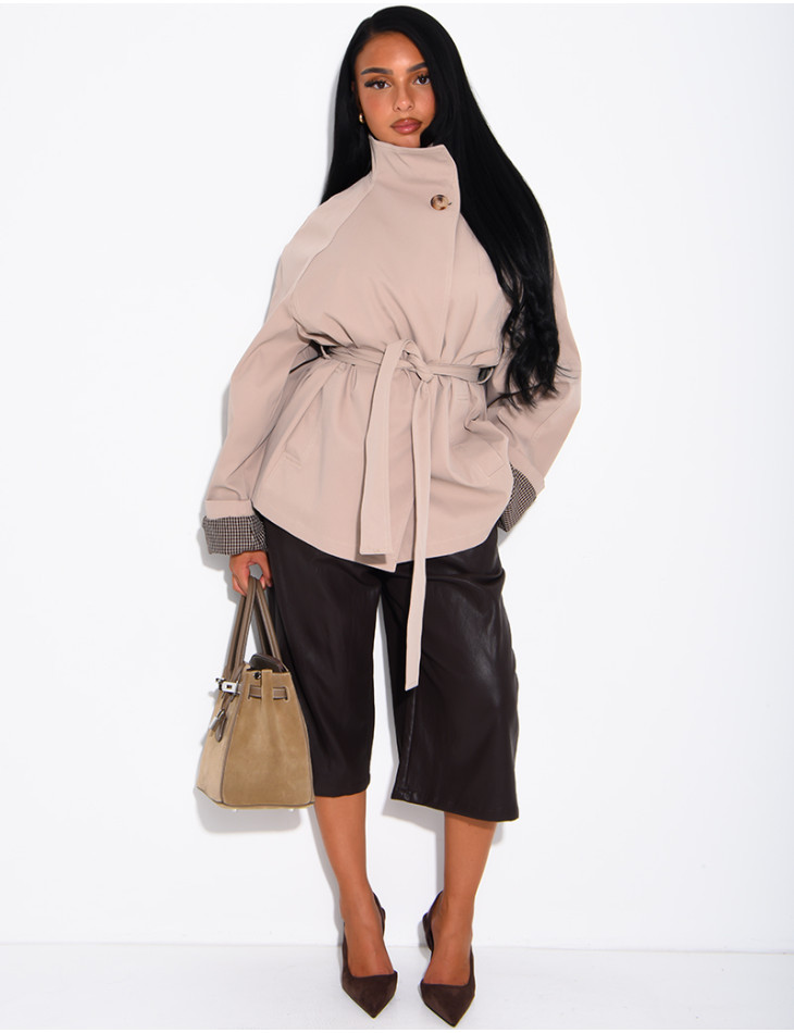 Mid-length belted trench coat with a stand-up collar, checked lapels and checked sleeves