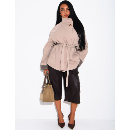 Mid-length belted trench coat with a stand-up collar, checked lapels and checked sleeves