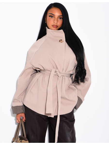 Mid-length belted trench coat with a stand-up collar, checked lapels and checked sleeves