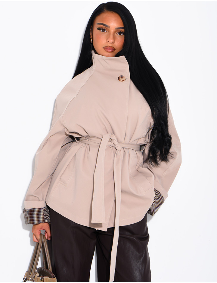 Mid-length belted trench coat with a stand-up collar, checked lapels and checked sleeves
