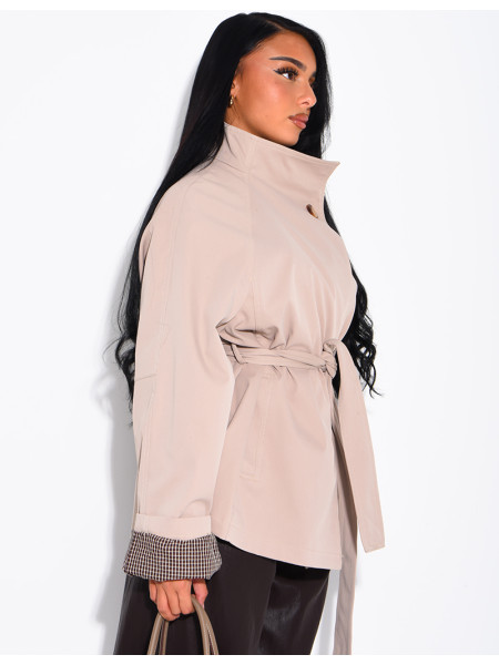 Mid-length belted trench coat with a stand-up collar, checked lapels and checked sleeves