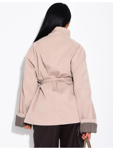 Mid-length belted trench coat with a stand-up collar, checked lapels and checked sleeves