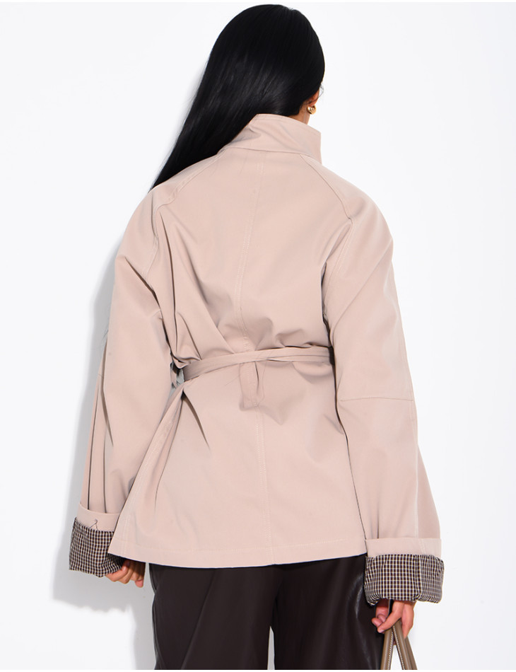 Mid-length belted trench coat with a stand-up collar, checked lapels and checked sleeves