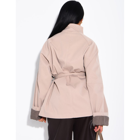 Mid-length belted trench coat with a stand-up collar, checked lapels and checked sleeves