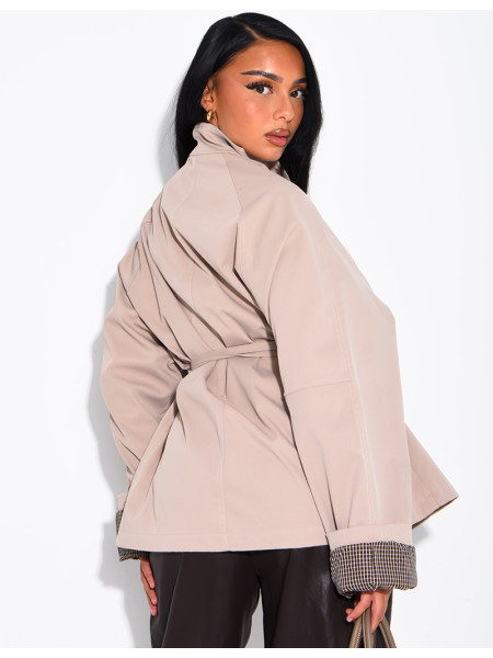 Mid-length belted trench coat with a stand-up collar, checked lapels and checked sleeves