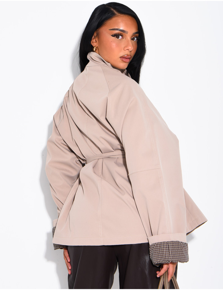 Mid-length belted trench coat with a stand-up collar, checked lapels and checked sleeves