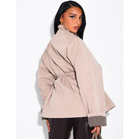 Mid-length belted trench coat with a stand-up collar, checked lapels and checked sleeves