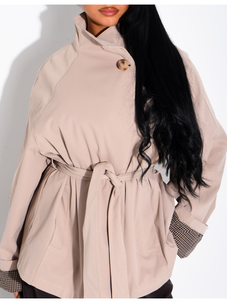 Mid-length belted trench coat with a stand-up collar, checked lapels and checked sleeves