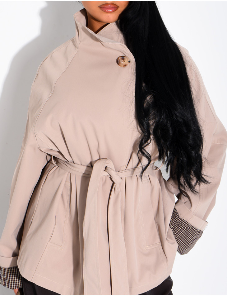Mid-length belted trench coat with a stand-up collar, checked lapels and checked sleeves
