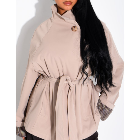 Mid-length belted trench coat with a stand-up collar, checked lapels and checked sleeves