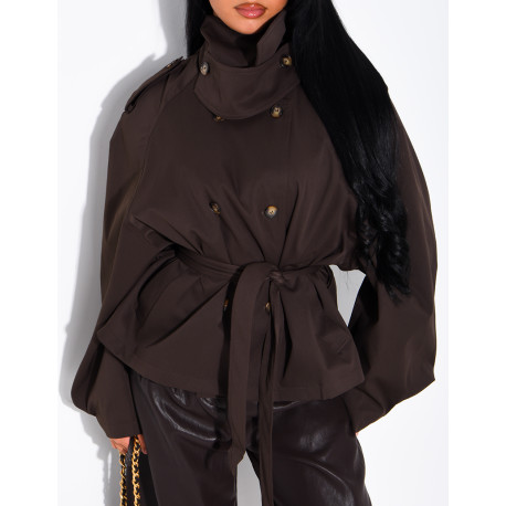Short trench coat with a stand-up collar, ties at the waist