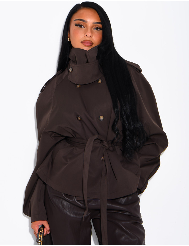 Short trench coat with a stand-up collar, ties at the waist
