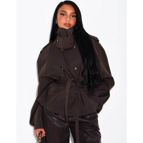 Short trench coat with a stand-up collar, ties at the waist