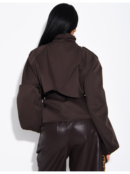 Short trench coat with a stand-up collar, ties at the waist