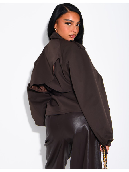Short trench coat with a stand-up collar, ties at the waist