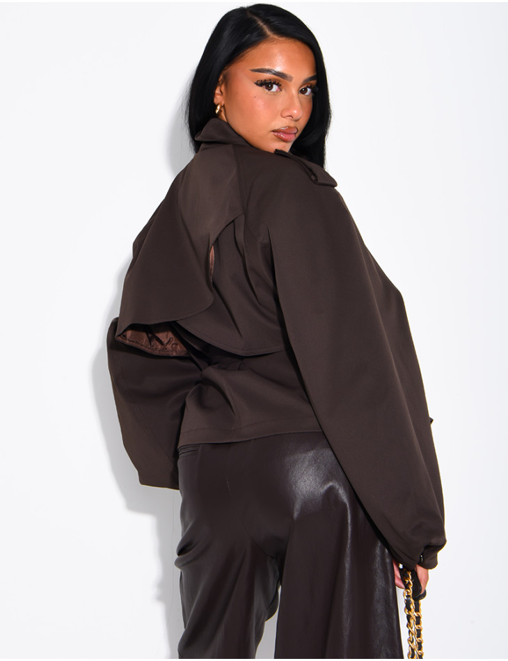 Short trench coat with a stand-up collar, ties at the waist